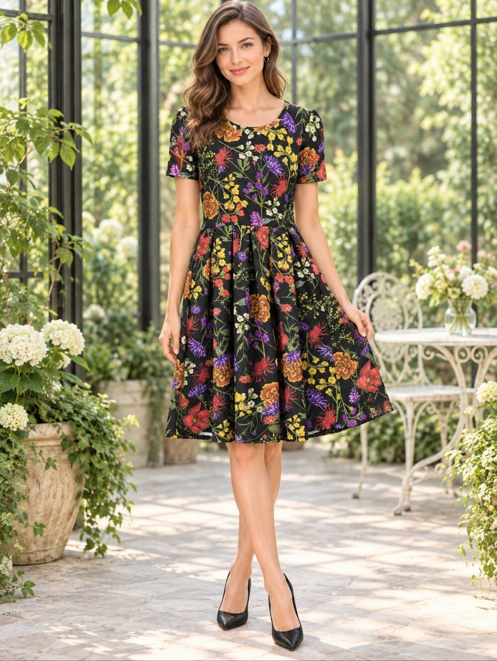LuLaRoe Amelia Wildflower Fit & Flare Pleated Pocket Dress Black Multicolour M
